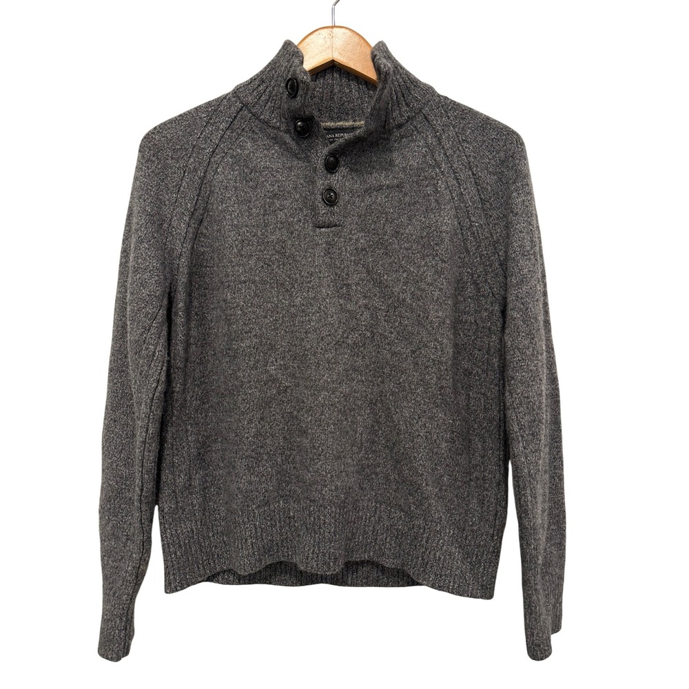 Banana Republic Mens Italian Yarn Recycled Wool Button Mock Neck Sweater Grey S